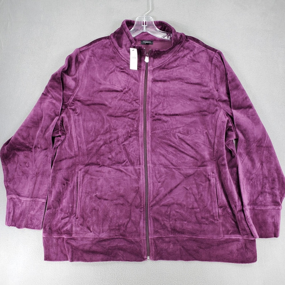 New Talbots Velour Velvet Jacket Size 2X Purple Long Sleeve Full Zip Pockets